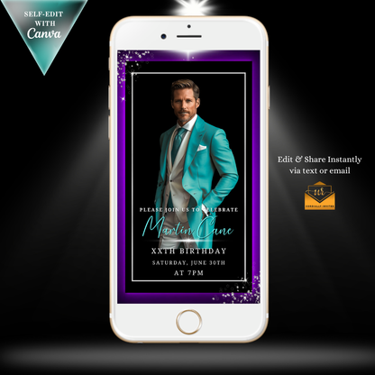 Silver Black Purple Neon Men’s Animated Birthday Invitation Suite