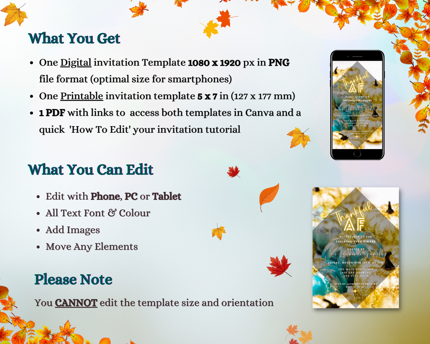 Neon Gold Teal Leaves Pumpkin | Thankful AF Thanksgiving Evite template displayed on a smartphone, customizable via Canva for electronic sharing through text, email, or messaging apps.