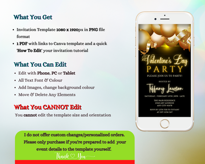 Phone screen displaying a customizable Black Gold Neon Balloons Valentines Day Party Evite template for editing and sharing via mobile devices.