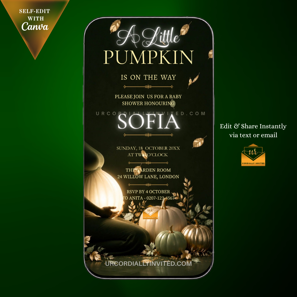 Forest Sage Neon Little Pumpkin Baby Shower Animated Video Invitation