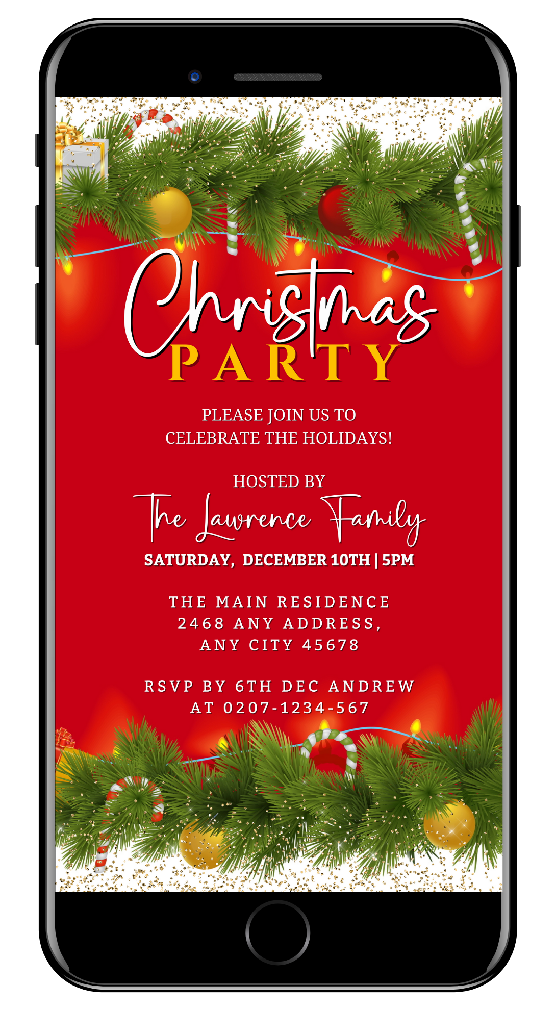 Christmas party evite displayed on a smartphone screen, featuring red, green, and white ornaments and lights, customizable via Canva.