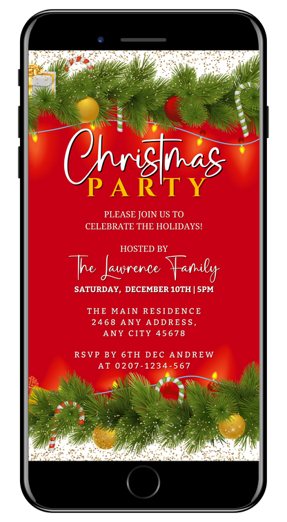 Christmas party evite displayed on a smartphone screen, featuring red, green, and white ornaments and lights, customizable via Canva.