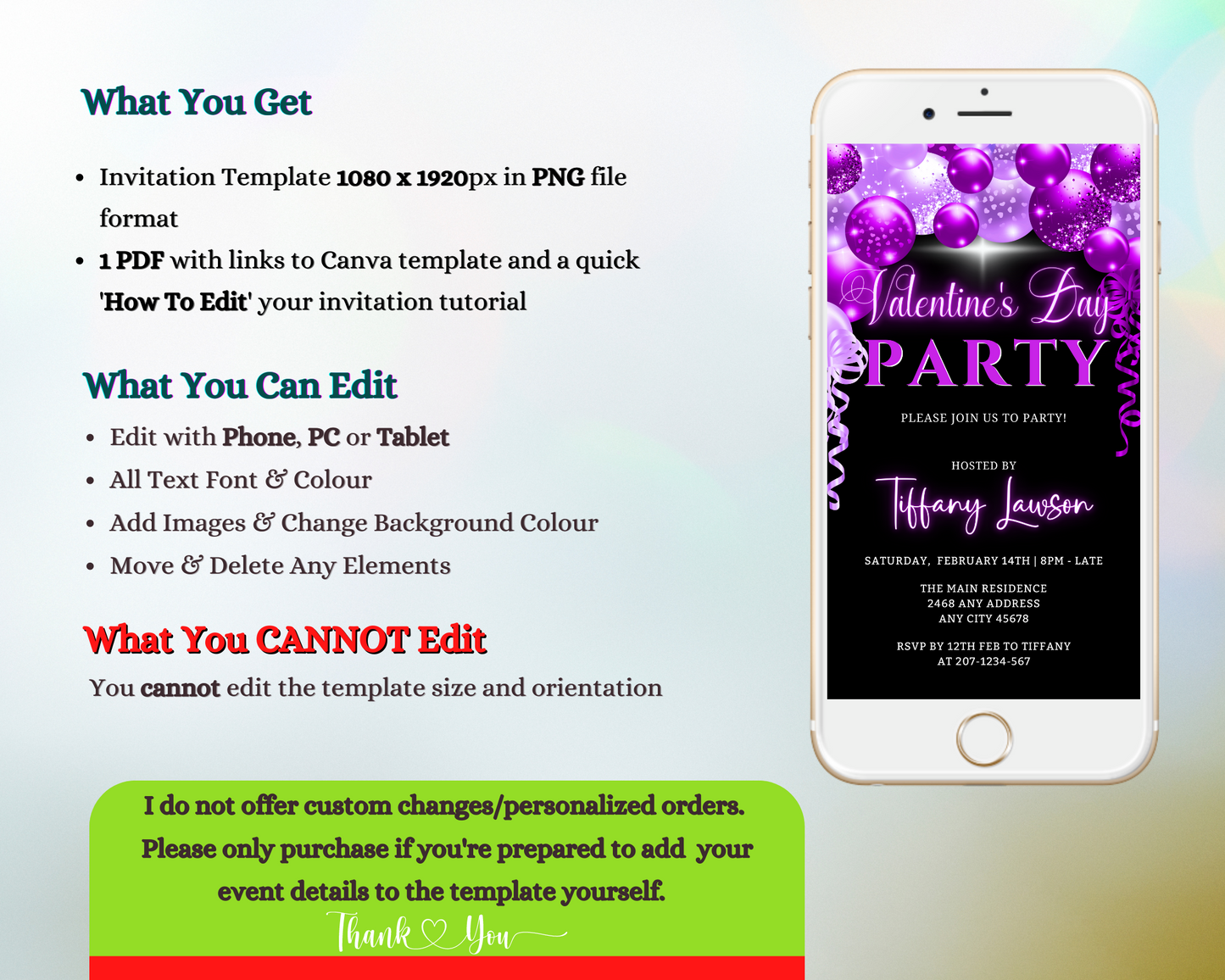 Neon Purple Balloons Valentines Party Evite displayed on a smartphone screen with editable text and design elements, customizable via Canva for easy sharing.