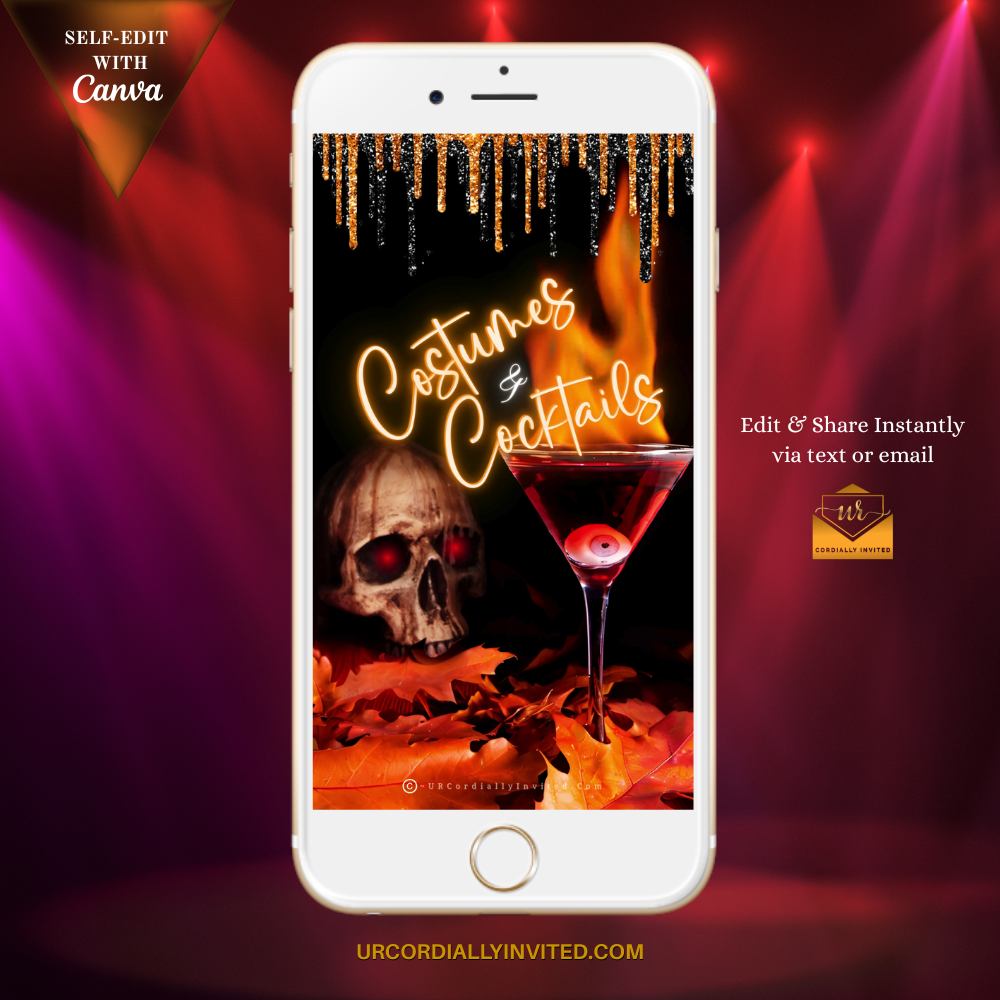 Animated Halloween party invite featuring a skull, autumn leaves, dark tones, and bold “Costumes & Cocktails” text.