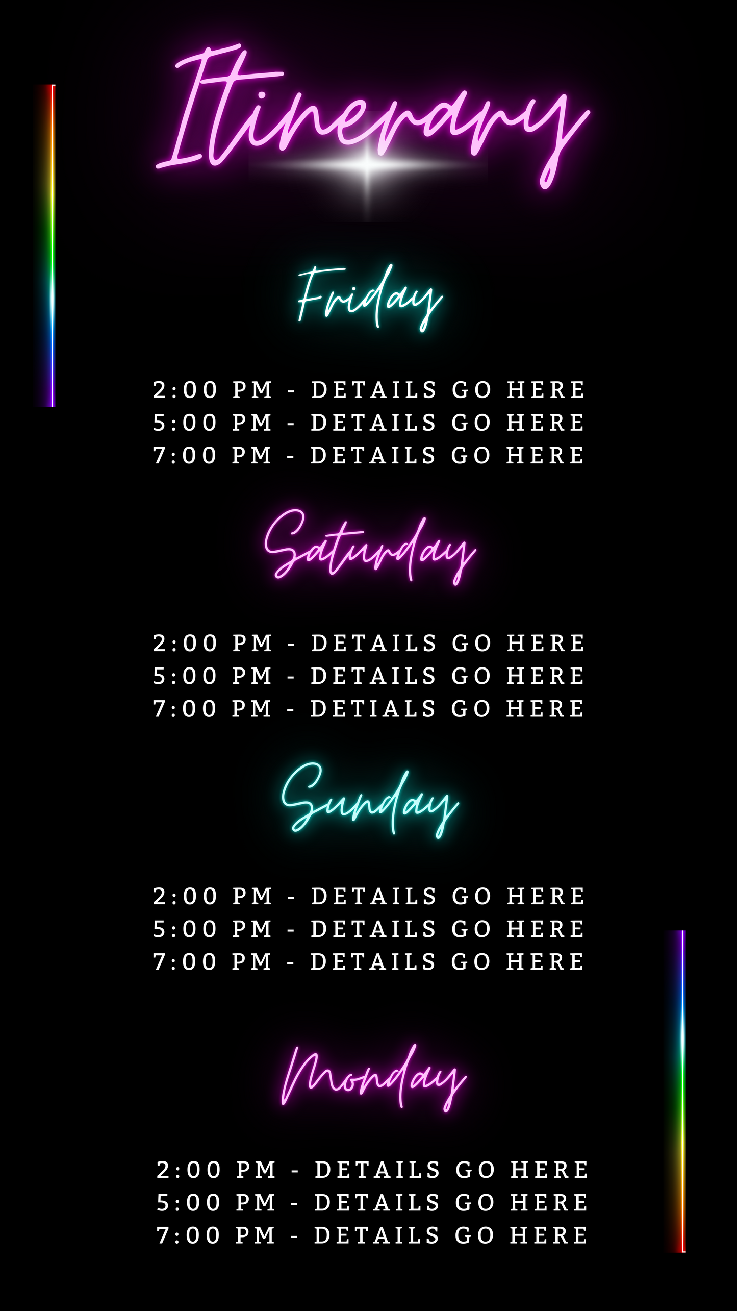 Miami Teal Pink Neon Getaway Party Evite template with customizable purple neon text on a black background, designed for easy personalization via Canva.