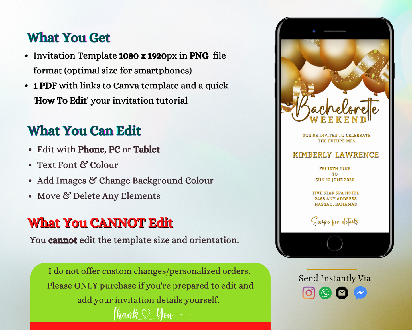 Customisable Digital Gold Floating Balloons White | Bachelorette Weekend Evite displayed on a smartphone screen with editable text and elements for personalization via Canva.