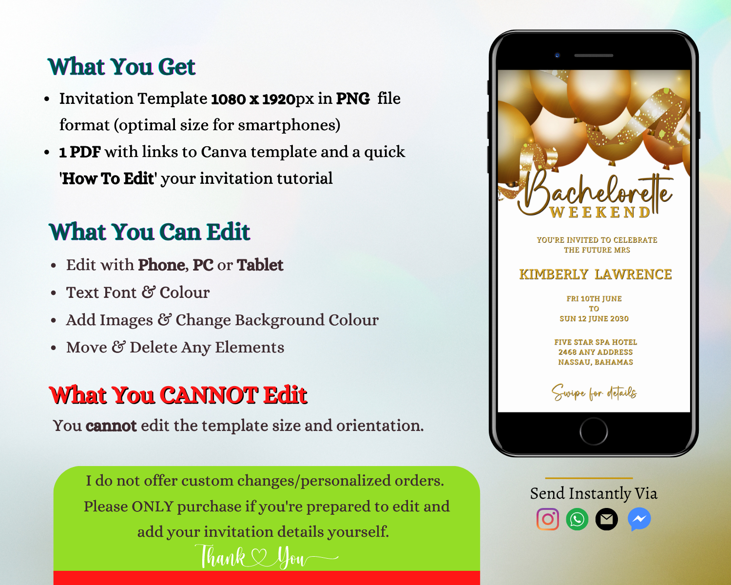 Customisable Digital Gold Floating Balloons White | Bachelorette Weekend Evite displayed on a smartphone screen with editable text and elements for personalization via Canva.