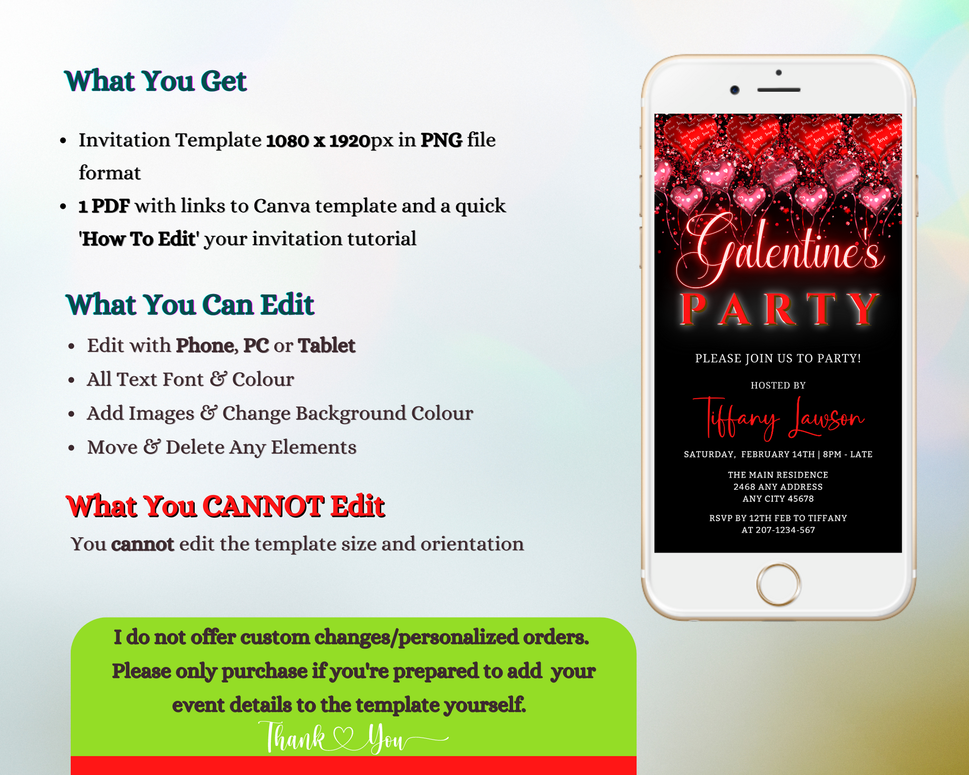 Smartphone displaying editable Floating Red Heart Balloons Galentines Party Evite template with customizable text on Canva.