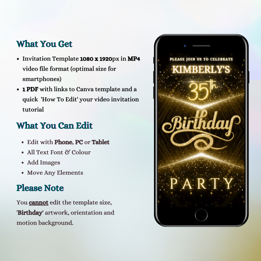 Customizable Black Gold Glitter Birthday Video Invitation displayed on a smartphone screen, showing editable text and swirly design elements.