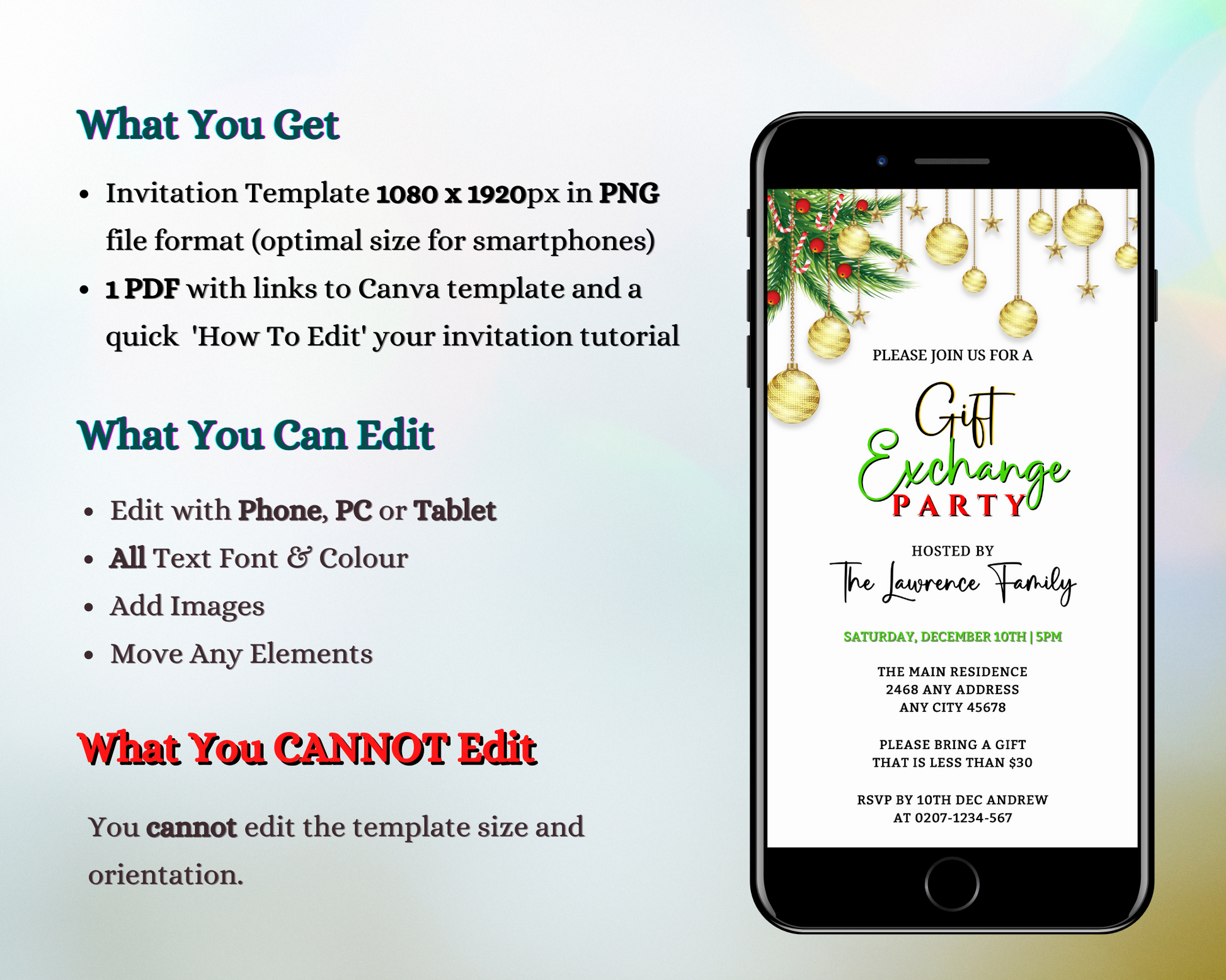 Smartphone displaying a customizable digital Christmas Party Evite with white, gold, and red ornaments, ready for personalization via Canva.