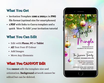 Smartphone displaying the Jingle & Mingle Rose Gold Christmas Party Invitation template, ready for customization via Canva.