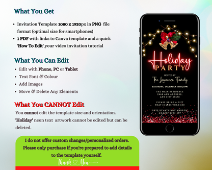 Gold Bell Red Neon Holiday Party Evite displayed on a smartphone screen, showcasing editable text and festive design elements for customizable digital invitations.