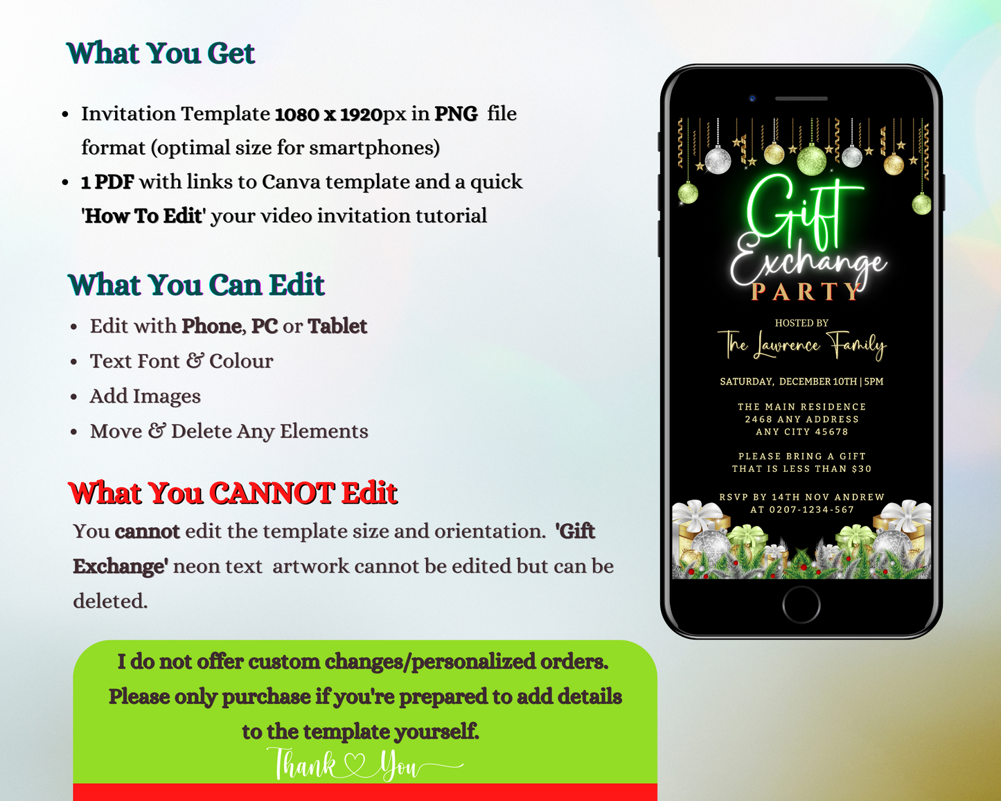 Green Neon Ornaments Gift Exchange Christmas Party Evite displayed on a smartphone screen with editable text and festive design elements.