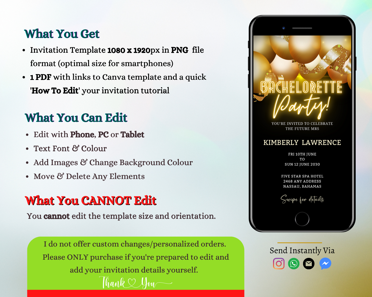 Customizable Digital Gold Floating Balloons Black Bachelorette Weekend Evite displayed on a smartphone screen, showcasing editable text and design elements.