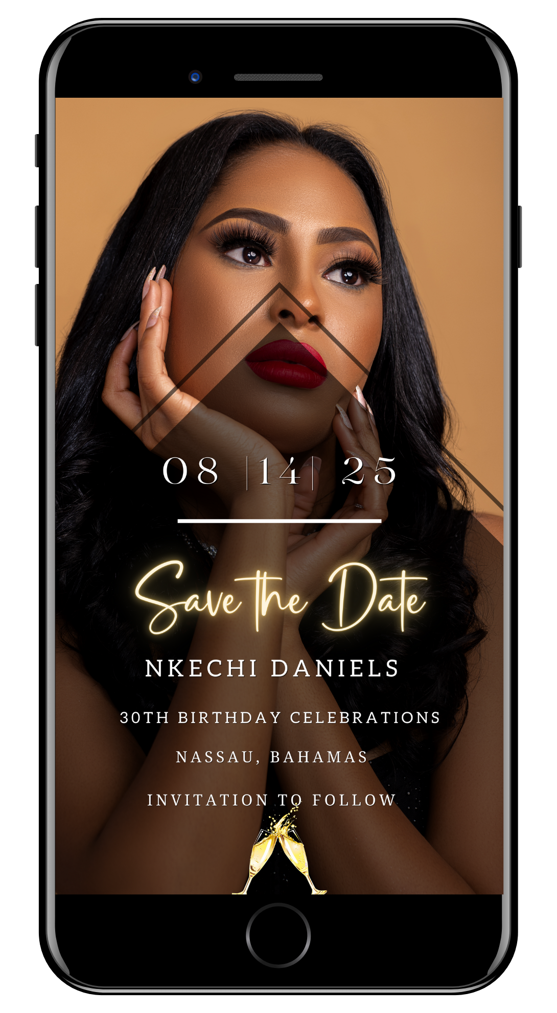 Editable Digital Birthday Photo | Save The Date Evite displayed on a smartphone screen, featuring a woman with her hands on her face and customizable text.