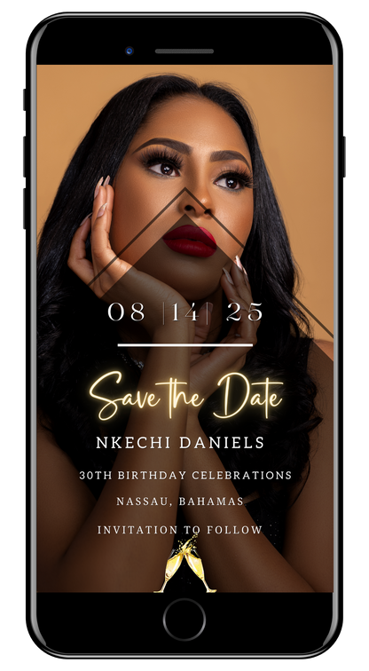 Editable Digital Birthday Photo | Save The Date Evite displayed on a smartphone screen, featuring a woman with her hands on her face and customizable text.