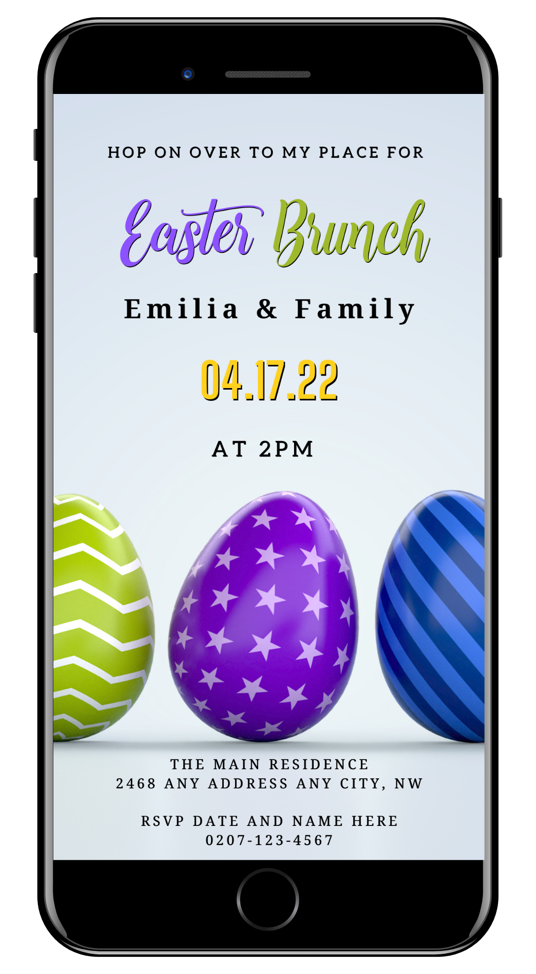 Editable Digital Green Lilac Easter Eggs Evite displayed on a smartphone screen, featuring colorful eggs for Easter Brunch Party invitations.