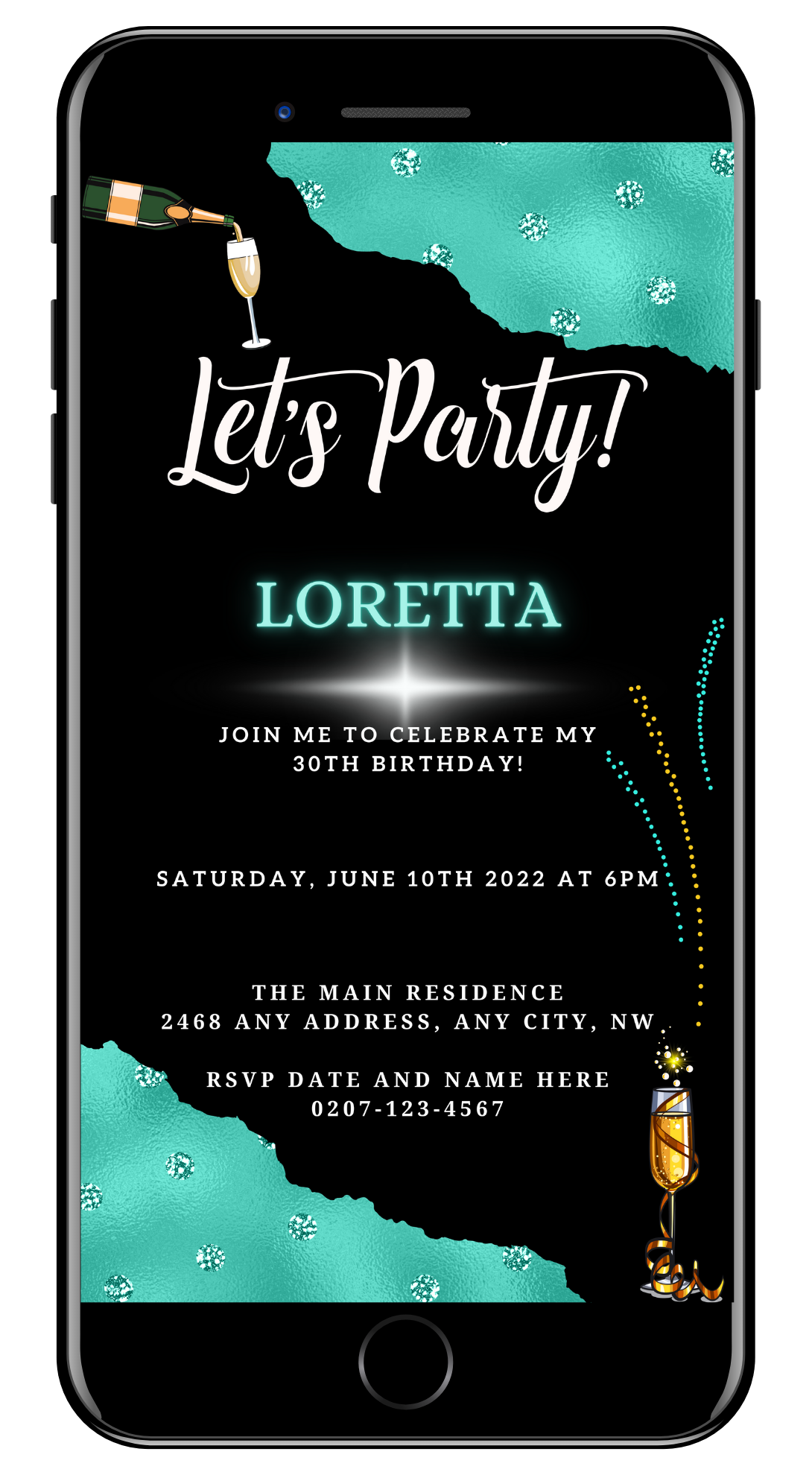 Black Teal Diamond Sparkle customizable party evite featuring champagne bottle and fireworks, designed for easy personalization and electronic sharing via Canva.