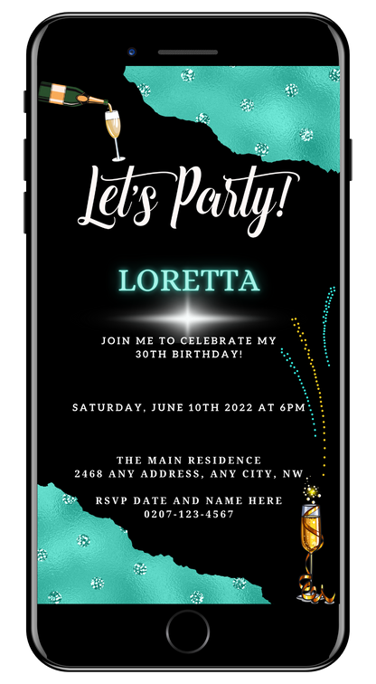 Black Teal Diamond Sparkle customizable party evite featuring champagne bottle and fireworks, designed for easy personalization and electronic sharing via Canva.