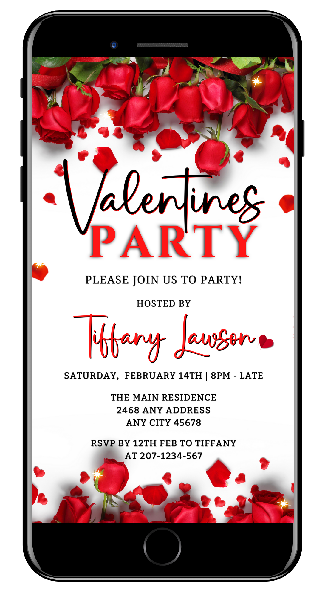 Digital Valentine's Party Evite with red roses border, editable via Canva for smartphone, featuring customizable text and elements for easy sharing.