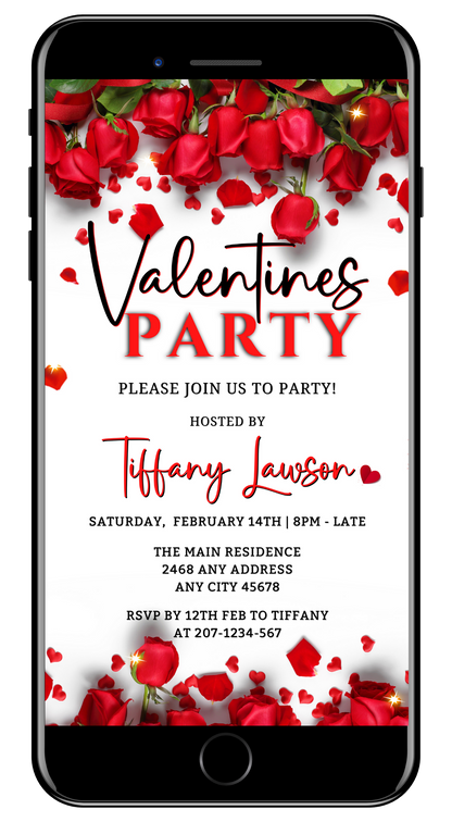 Digital Valentine's Party Evite with red roses border, editable via Canva for smartphone, featuring customizable text and elements for easy sharing.