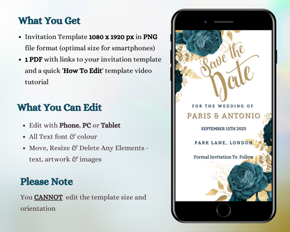 Smartphone displaying the editable Rustic Gold Blue Save The Date Wedding Evite with a floral design.