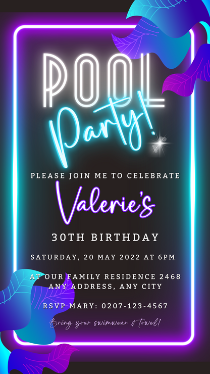 Neon Pool Party | Digital Invite with customizable neon sign and tropical leaves, ideal for eco-friendly digital event invitations via smartphone.