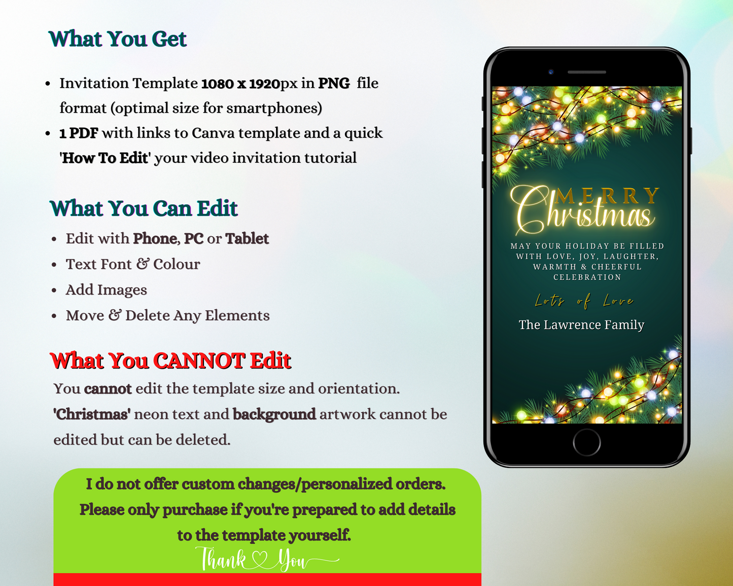 Cellphone displaying a Colourful Lights Neon Gold Green | Merry Christmas Ecard template with festive lights on the screen for easy DIY customization.