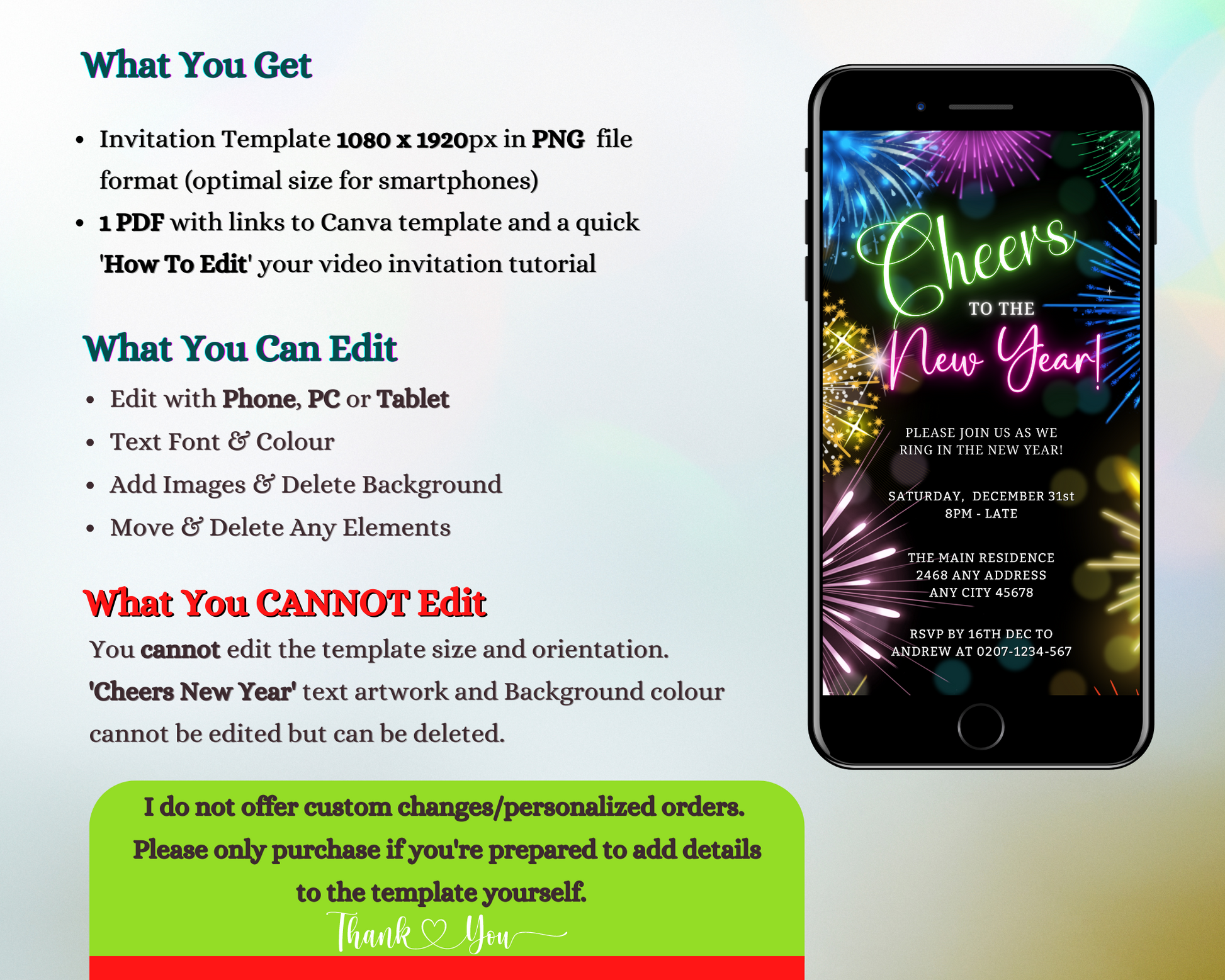 Smartphone displaying Neon Pink Green Fireworks New Years Eve Party Evite template, customizable via Canva for digital invitations.
