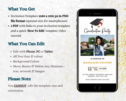 White & Gold Graduation Invitation features a digital design on a mobile phone, showcasing a graduate with a cap and confetti for celebratory elegance.