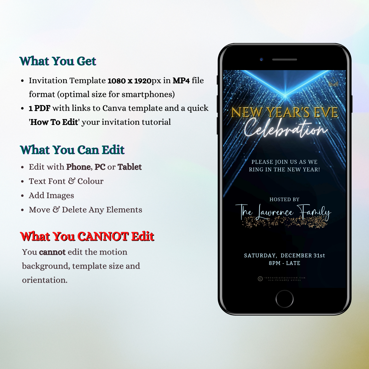 Dazzling Blue Gold New Year’s Eve Celebration Video Invitation displayed on a smartphone screen, showcasing customizable festive designs for digital party invites.