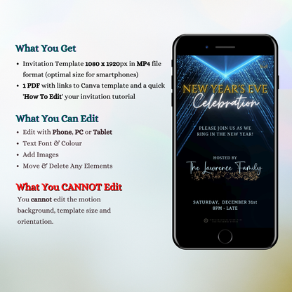 Dazzling Blue Gold New Year’s Eve Celebration Video Invitation displayed on a smartphone screen, showcasing customizable festive designs for digital party invites.