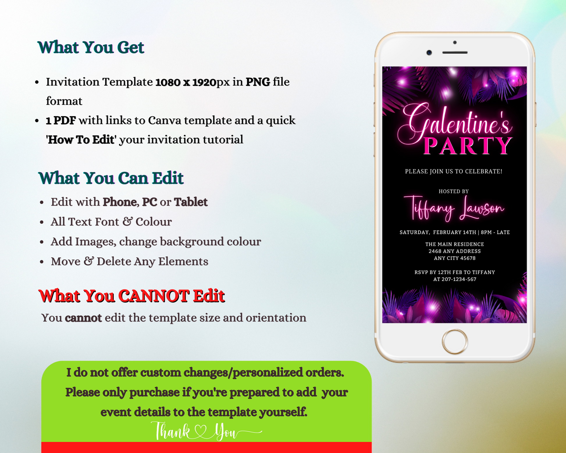 Purple Pink Neon Palm Leaves Galentines Party Evite displayed on a smartphone screen, customizable via Canva for easy digital invitations.