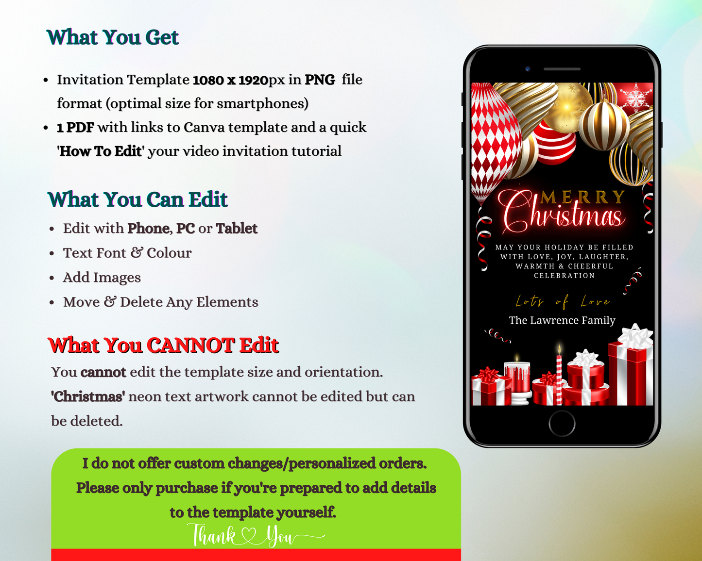 Gold Red Neon Presents | Merry Christmas Greeting Ecard displayed on a smartphone screen, showcasing customizable text and design elements for a festive digital invitation.