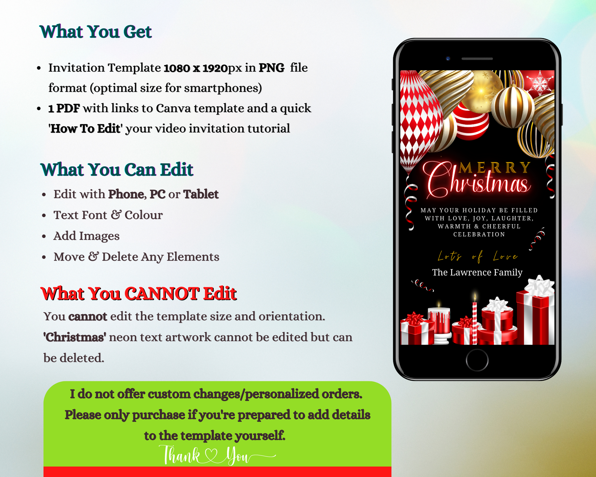 Gold Red Neon Presents | Merry Christmas Greeting Ecard displayed on a smartphone screen, showcasing customizable text and design elements for a festive digital invitation.