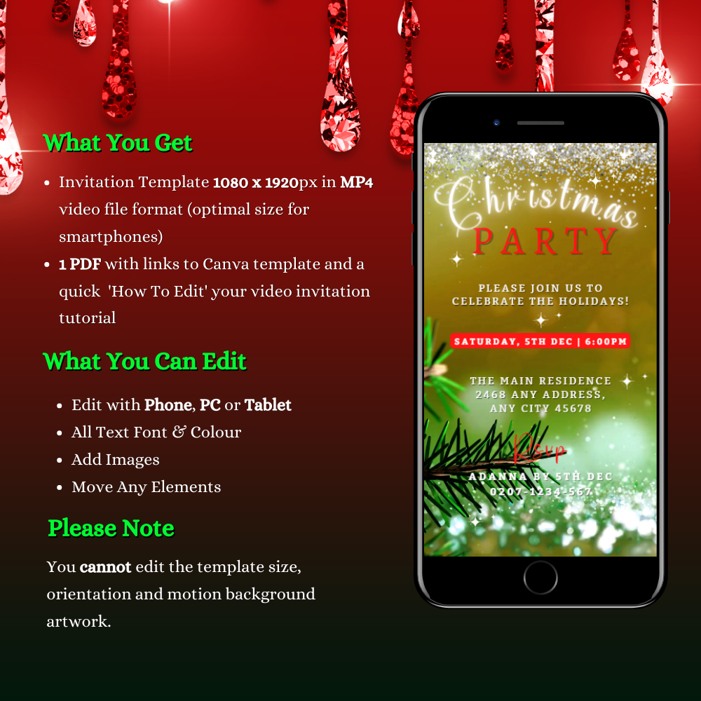 Editable Digital Green Red Gold Glitter Christmas Video Invitation displayed on a smartphone screen with pine branches, customizable via Canva for electronic sharing.