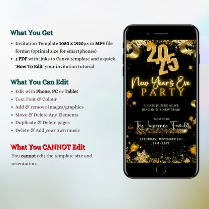 New Year’s Eve Party Sparkling Animated Video Invitation displayed on a smartphone screen with golden text and confetti, showcasing an elegant digital invitation template.