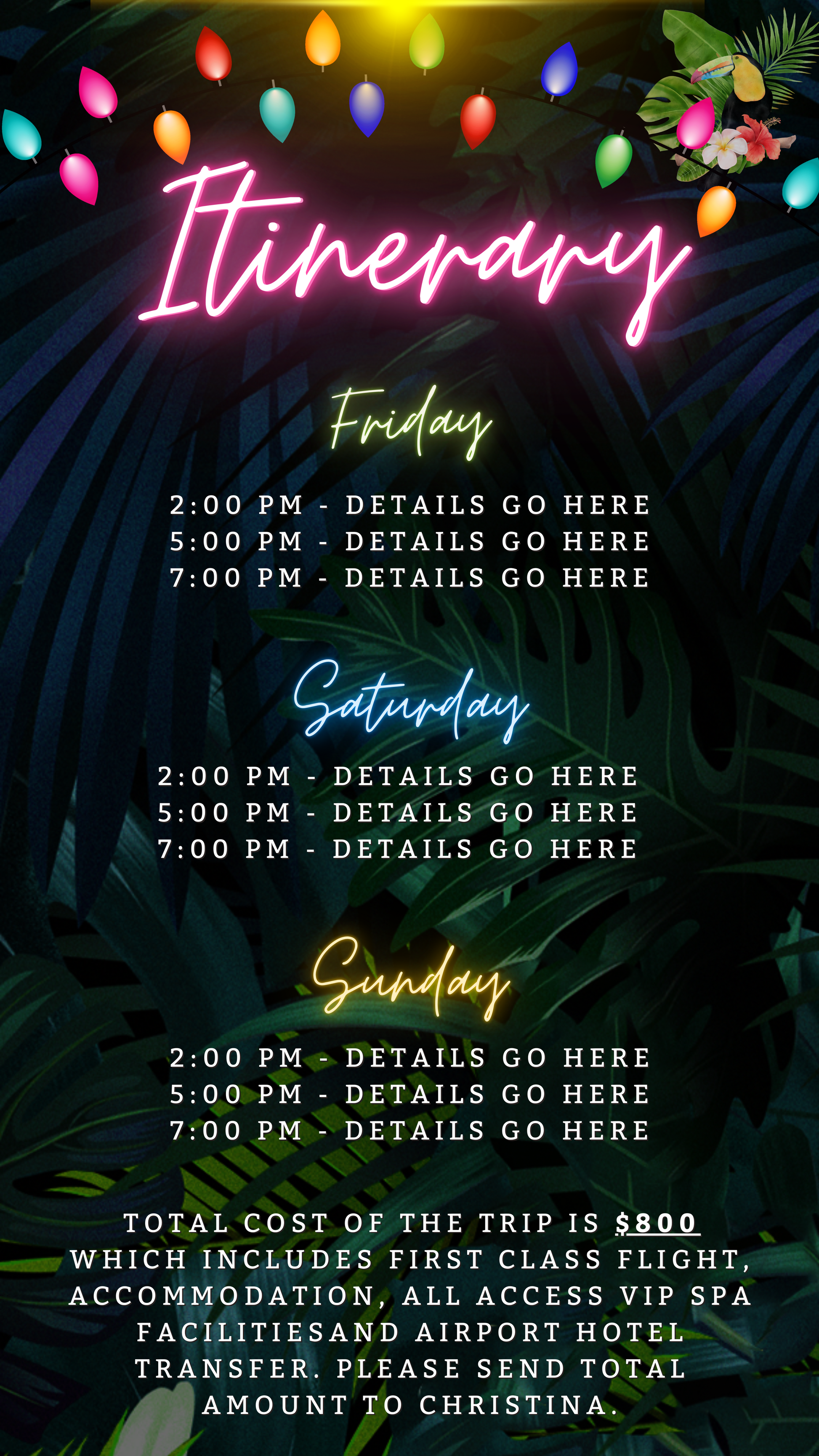 Tropical Destination Neon Pink | Girl's Trip Evite: Customizable digital invitation template with neon pink text and tropical leaves, editable via Canva for easy personalization and electronic sharing.