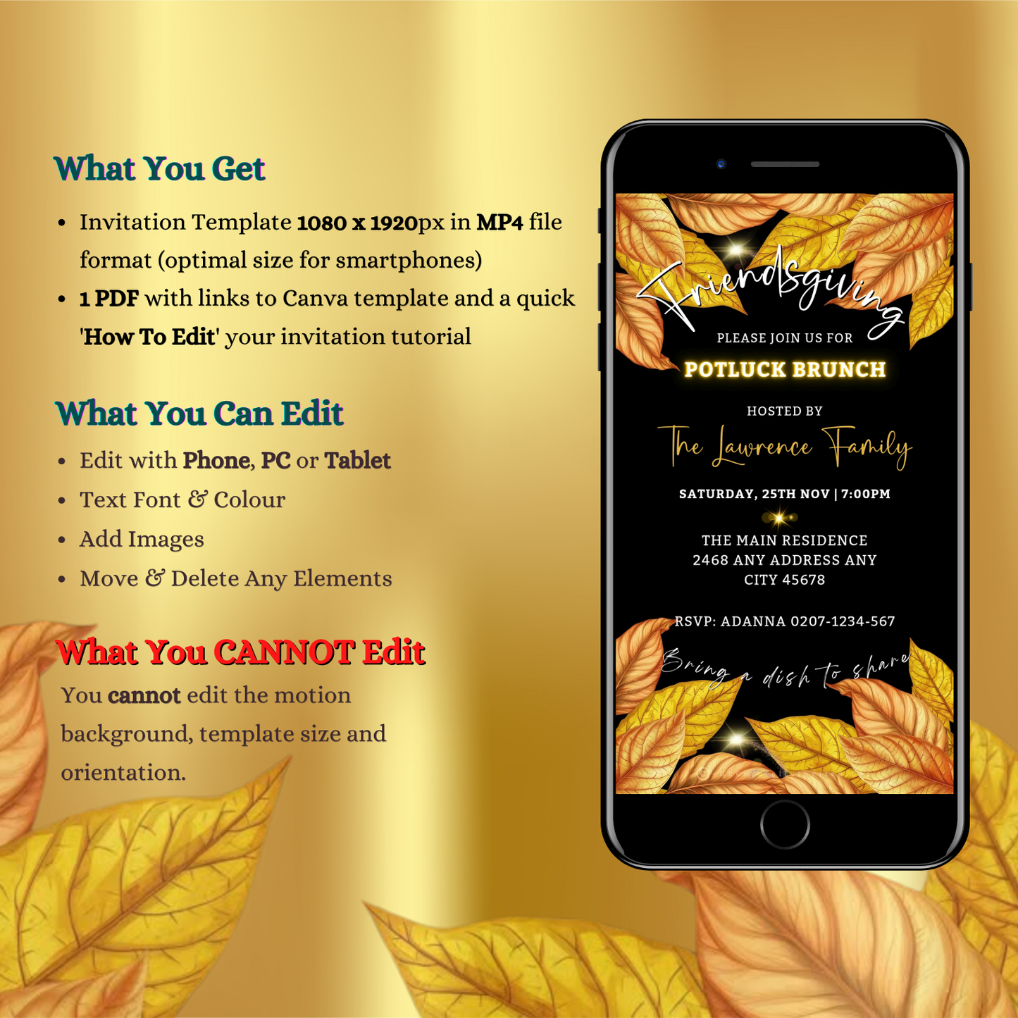 Cell phone displaying Friendsgiving Potluck Brunch Thanksgiving Video Invitation with elegant leafy pattern, emphasizing a customizable, eco-friendly digital invite from URCordiallyInvited.