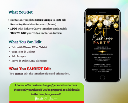 Editable Digital Black Gold White Ornaments Gift Exchange Evite displayed on a smartphone screen, showcasing a customizable Christmas party invitation template with festive decorations.