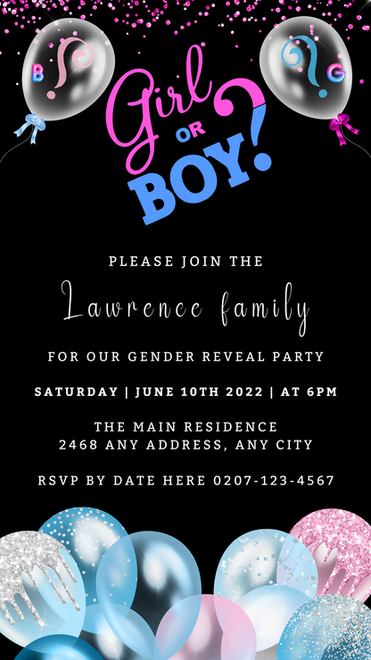 Black and white gender reveal evite with pink and blue balloons, customizable via Canva for digital sharing.