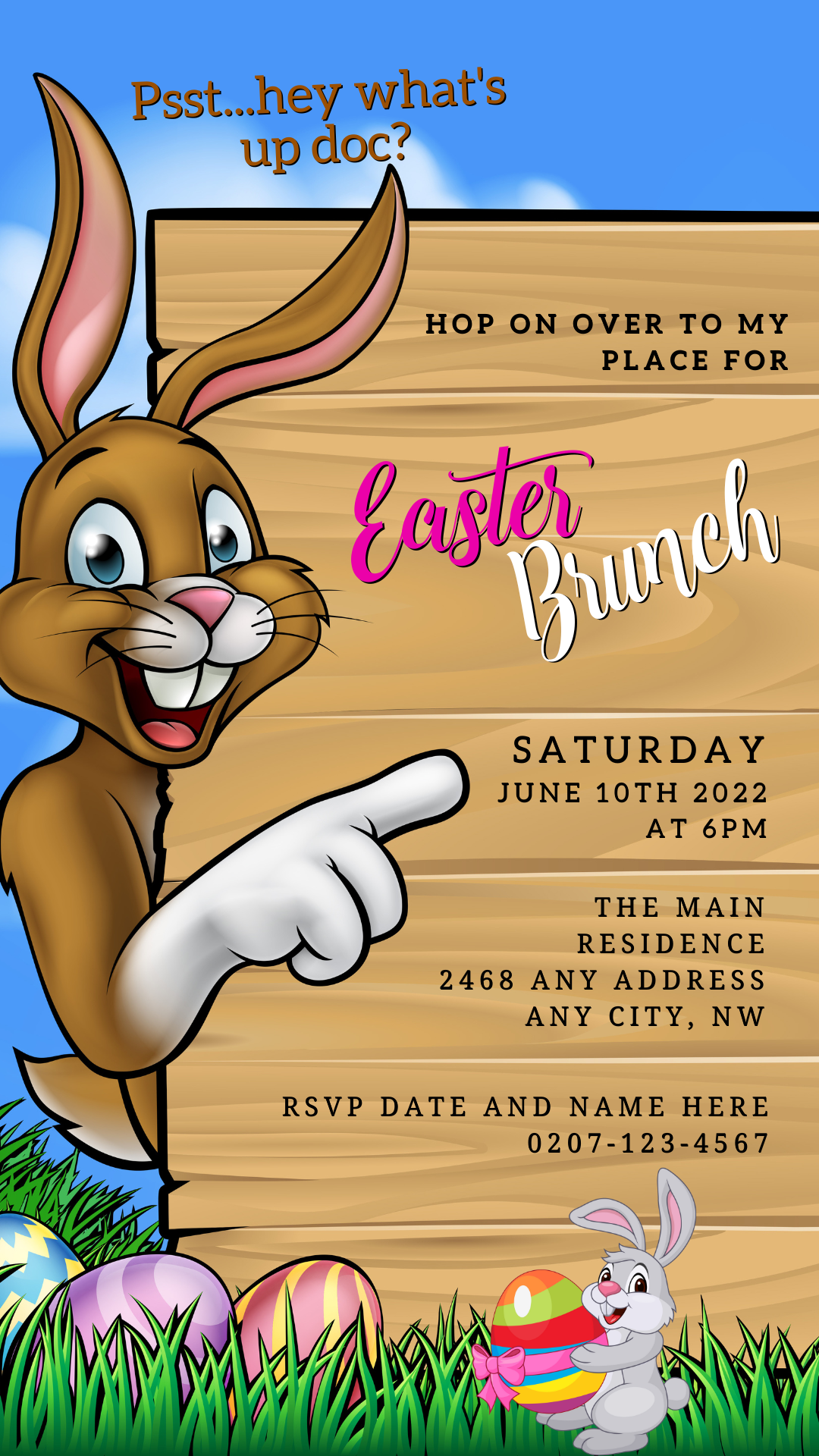 Cartoon bunny pointing at a wood sign, promoting the Brown Easter Bunny & Friends | Easter Brunch Barbeque Evite for customizable digital invitations.