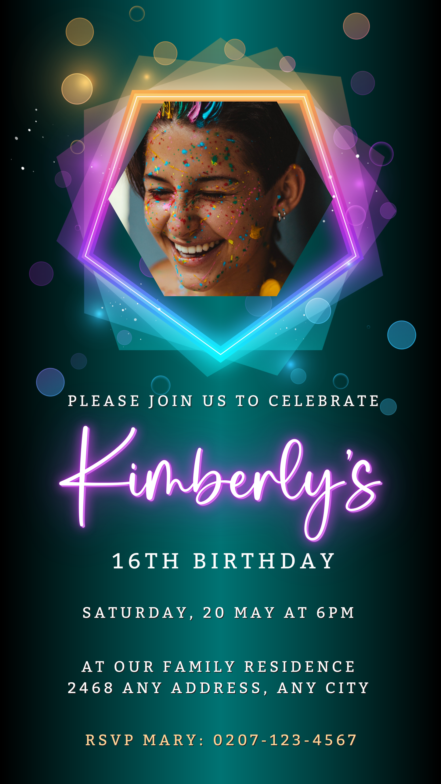 Neon Green Pink Birthday Party Evite featuring a woman's face with colorful sprinkles, customizable via Canva for digital invitations.