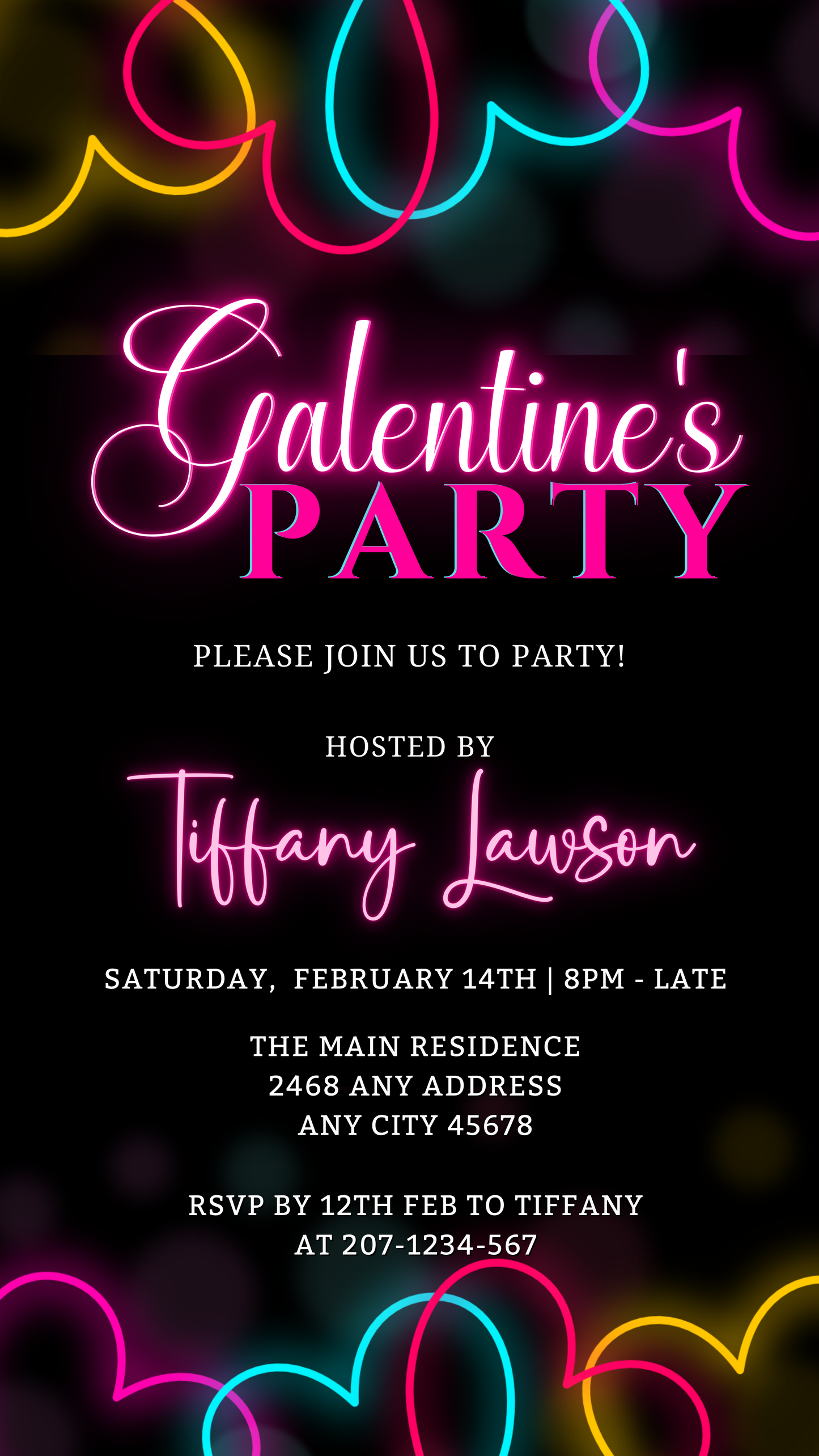 Pink Neon Colourful Border Galantines Party Evite, featuring editable pink text on a black background with neon accents, customizable via Canva for digital sharing.