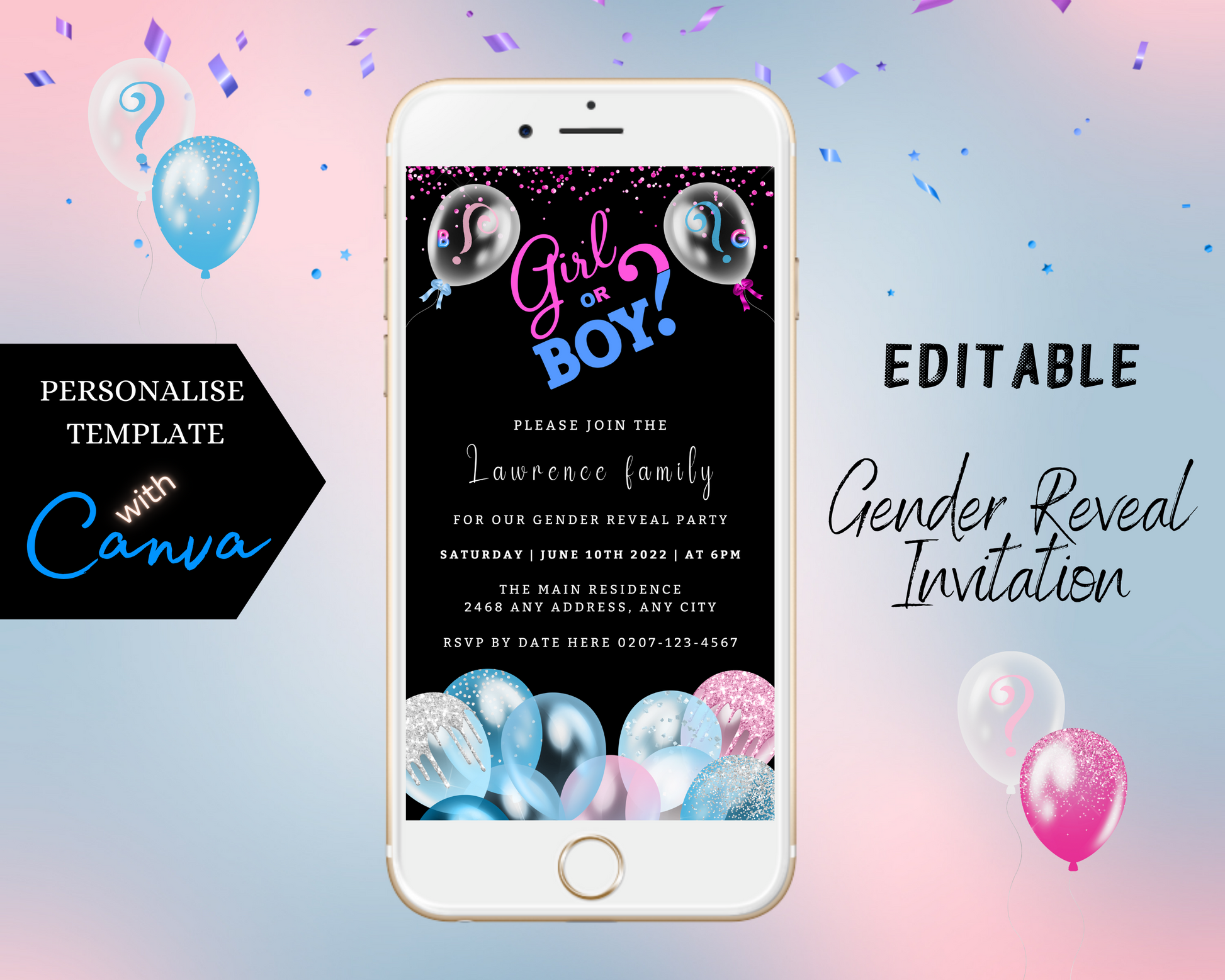 White smartphone displaying customizable gender reveal evite template with balloons.