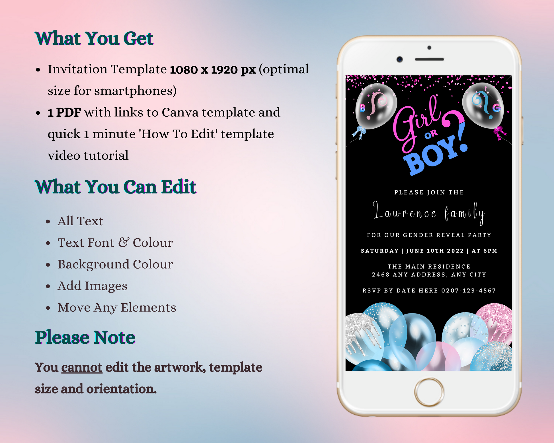 Customizable digital gender reveal evite with text and blue and pink balloons on a smartphone screen.