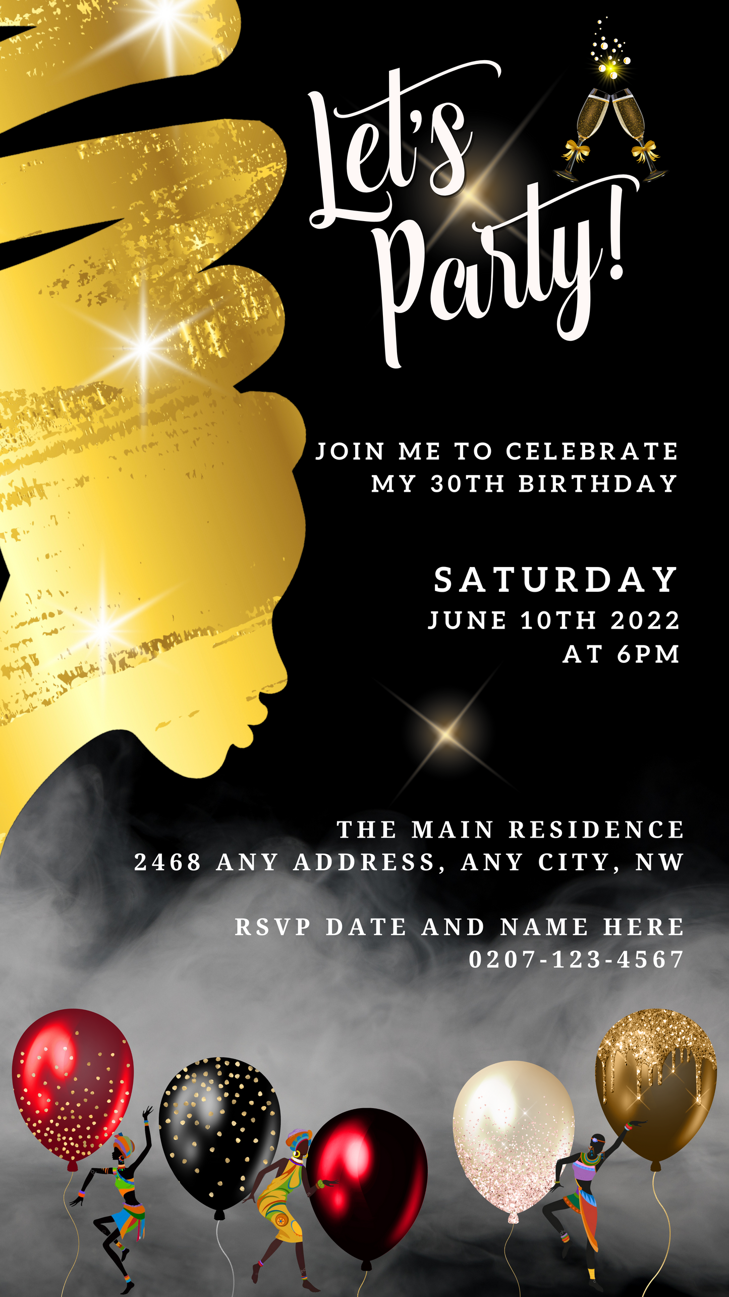 Black and gold invitation featuring an African woman silhouette for customizable digital party evites, editable via Canva for smartphones.
