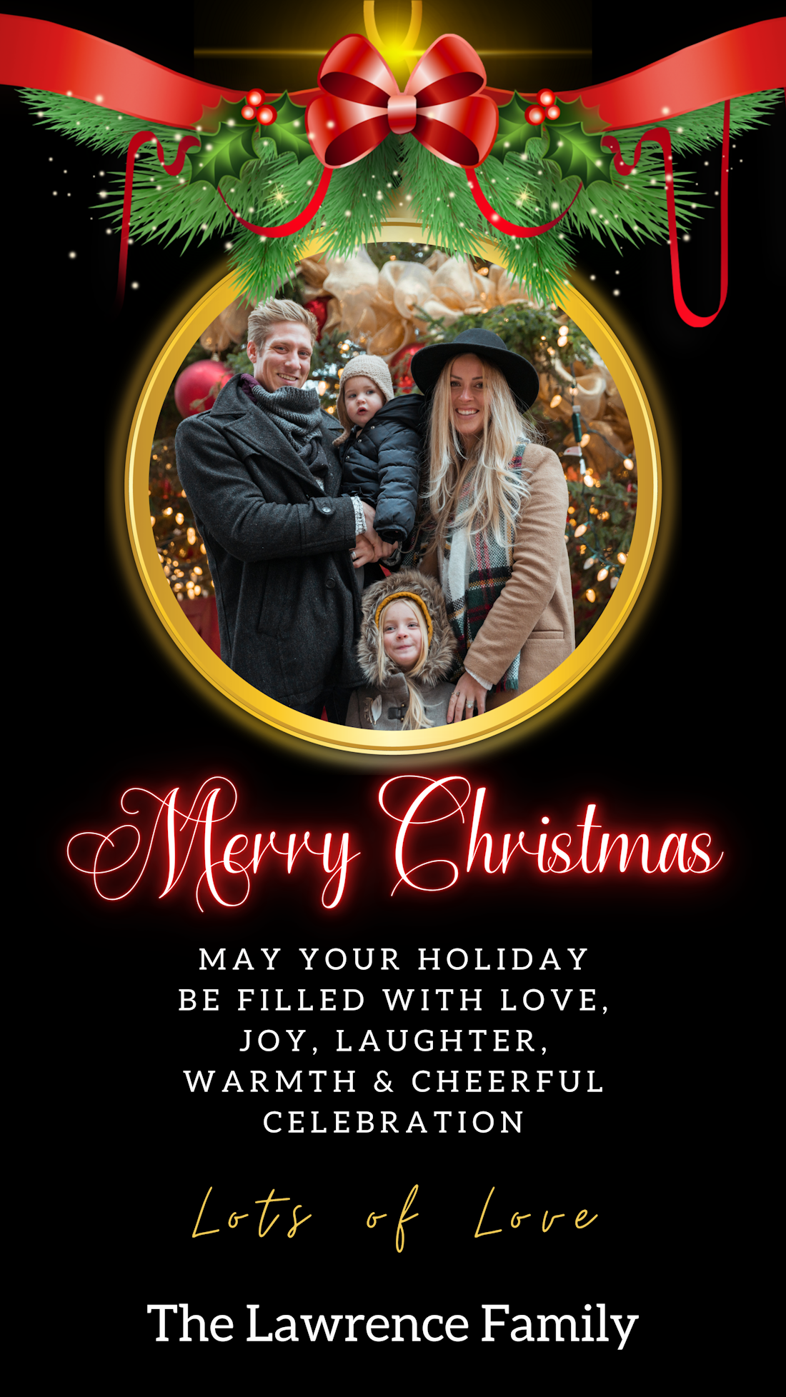 Family posing with a Merry Christmas ecard featuring a black oval frame and bold red text, editable via Canva for personal events.