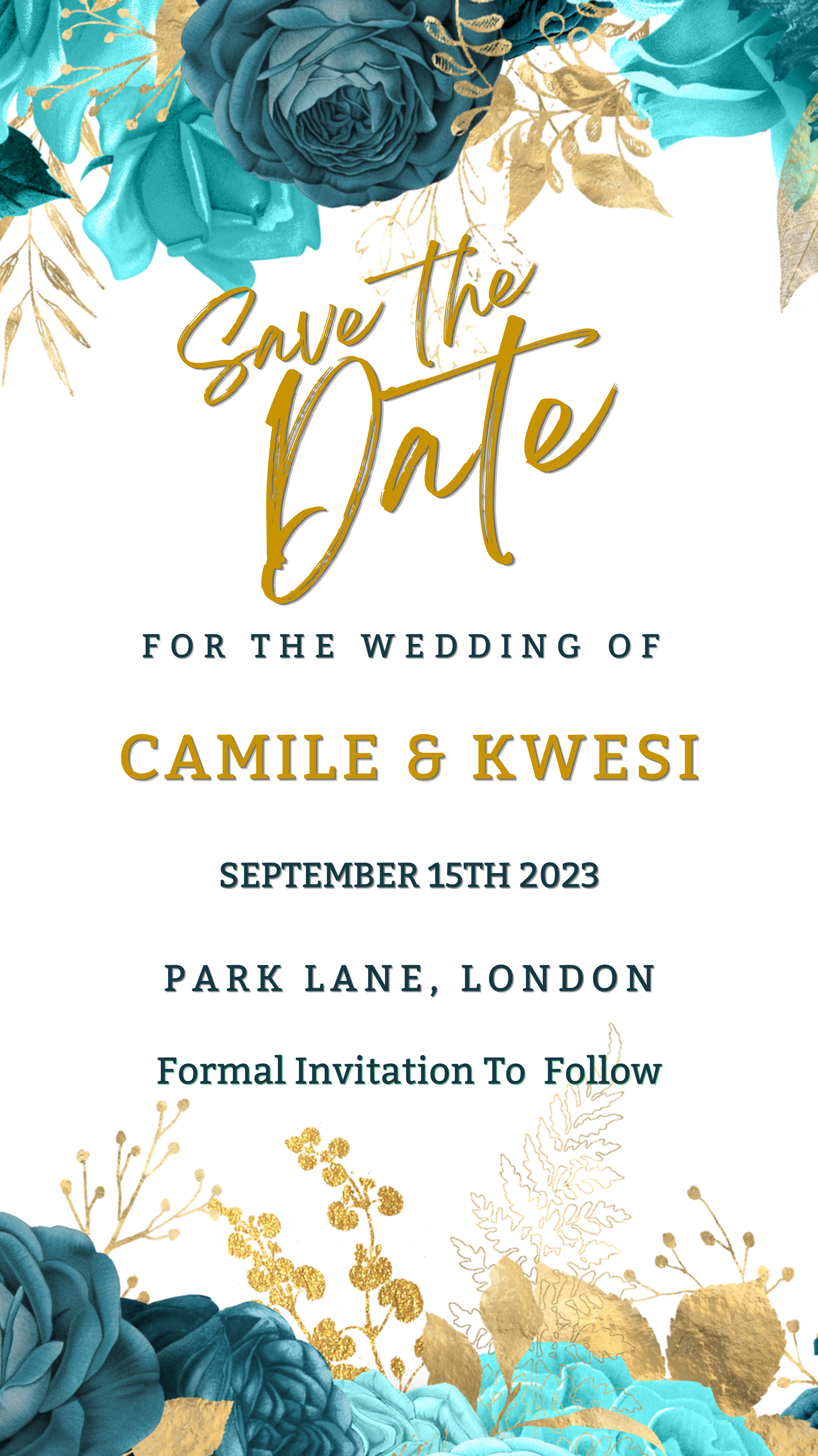 Editable Teal Blue Gold Leaf Boho Save The Date Wedding Evite with customizable text and floral accents.