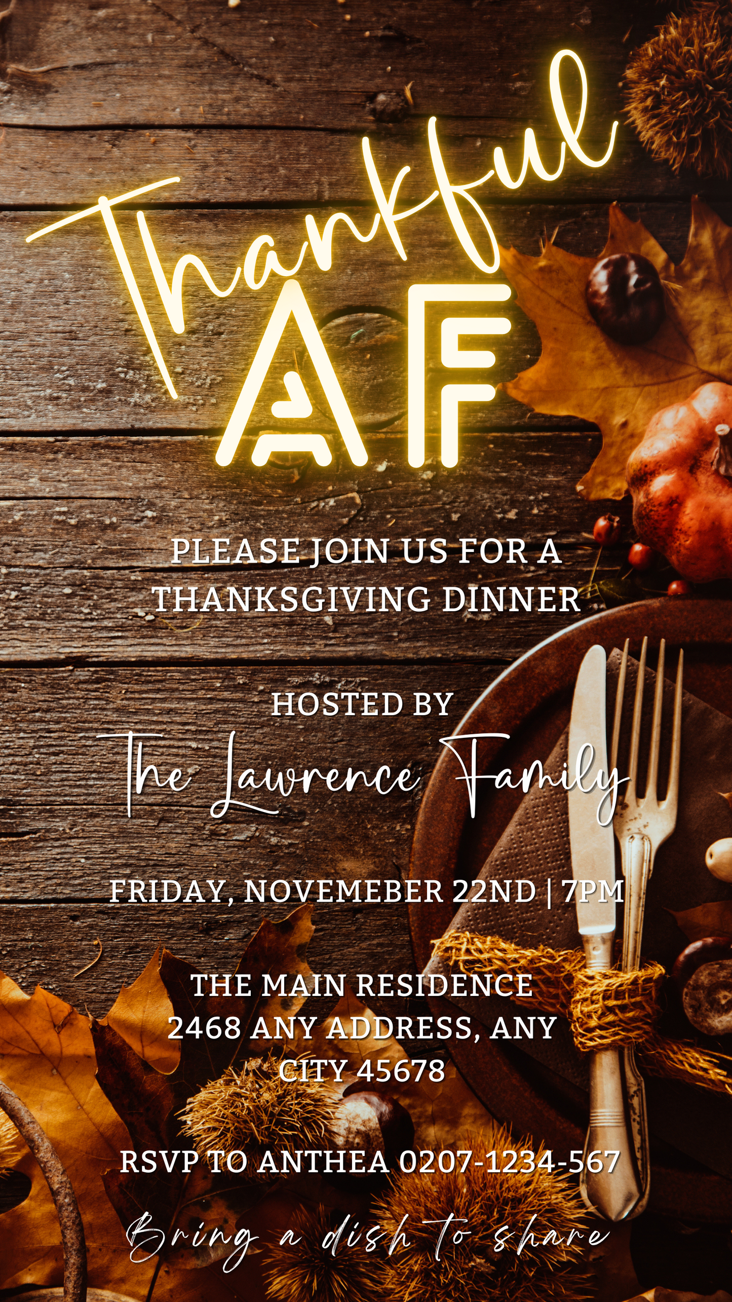 Thankful AF Neon Wooden Table | Thanksgiving Dinner Evite with fork and knife, customizable via Canva, perfect for digital sharing on WhatsApp and email.